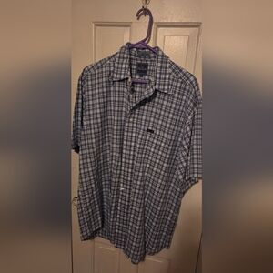 Faconnable Blue and White Plaid Short-Sleeve Button-Down Shirt